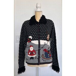 Karen Scott Women’s Sweater Sz Small Christmas Santa Frilly Sleeves/Collar Black